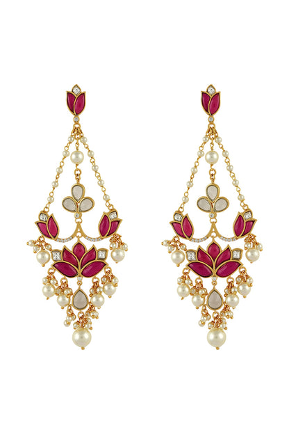 Gold Finish Pearl Mogra Long Earrings In Sterling Silver