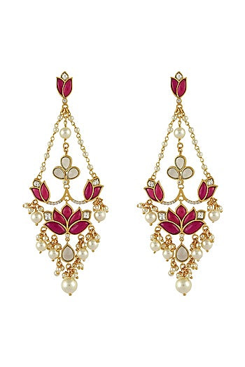 Gold Finish Pearl Mogra Long Earrings In Sterling Silver