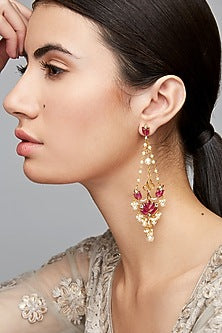 Gold Finish Pearl Mogra Long Earrings In Sterling Silver