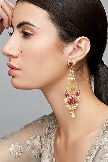Gold Finish Pearl Mogra Long Earrings In Sterling Silver
