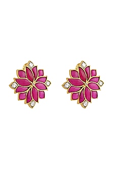 Gold Finish Kundan Polki Mogra Stud Earrings In Sterling Silver