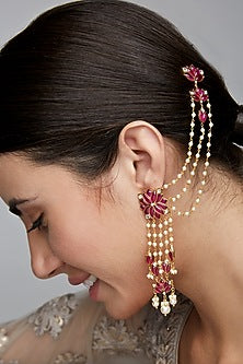 Gold Finish Kundan Polki Mogra Long Earrings In Sterling Silver
