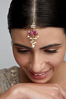 Gold Finish Kundan Polki Mogra Maang Tikka In Sterling Silver
