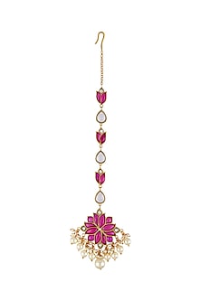 Gold Finish Pearl Mogra Maang Tikka In Sterling Silver