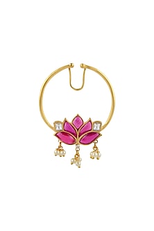 Gold Finish Mogra Kundan Polki Nose Ring In Sterling Silver