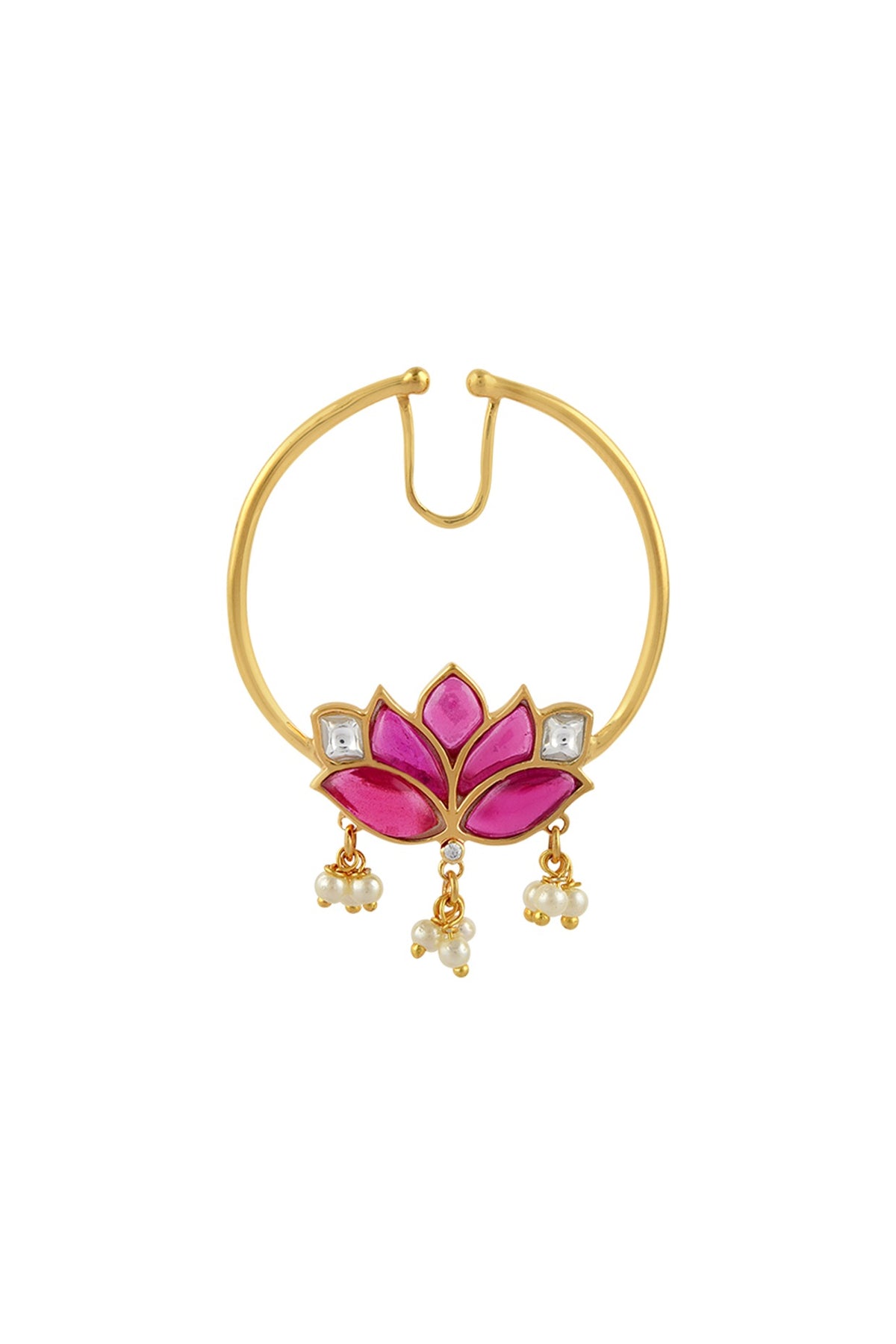 Gold Finish Mogra Kundan Polki Nose Ring In Sterling Silver