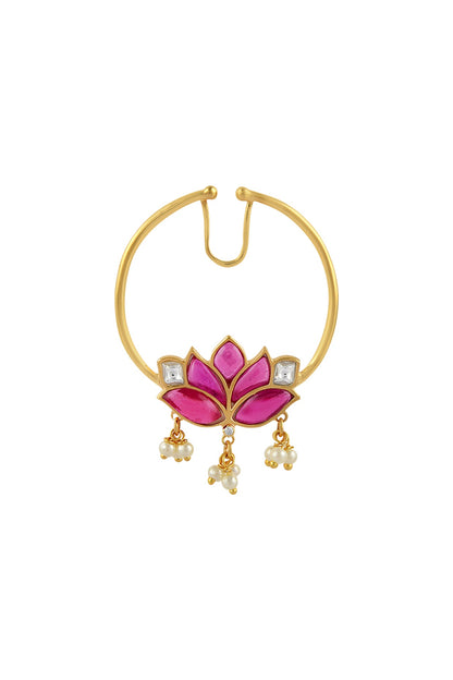 Gold Finish Mogra Kundan Polki Nose Ring In Sterling Silver