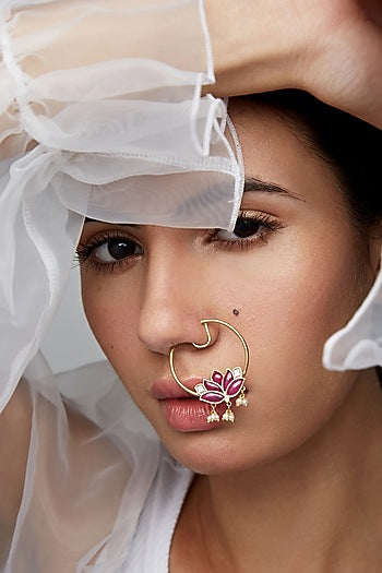 Gold Finish Mogra Kundan Polki Nose Ring In Sterling Silver