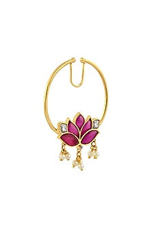 Gold Finish Mogra Kundan Polki Nose Ring In Sterling Silver