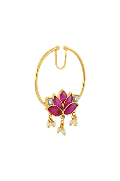 Gold Finish Mogra Kundan Polki Nose Ring In Sterling Silver