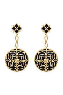 Gold Finish Black Velvet Enameled Round Earrings In Sterling Silver