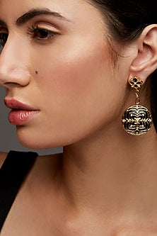 Gold Finish Black Velvet Enameled Round Earrings In Sterling Silver