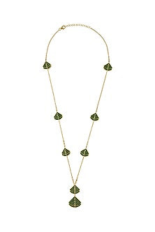 Gold Finish Green Velvet Enameled Long Necklace In Sterling Silver