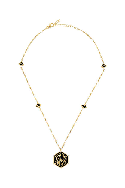 Gold Finish Enameled Pendant Necklace In Sterling Silver With Zircon