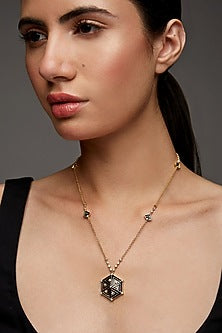 Gold Finish Enameled Pendant Necklace In Sterling Silver With Zircon