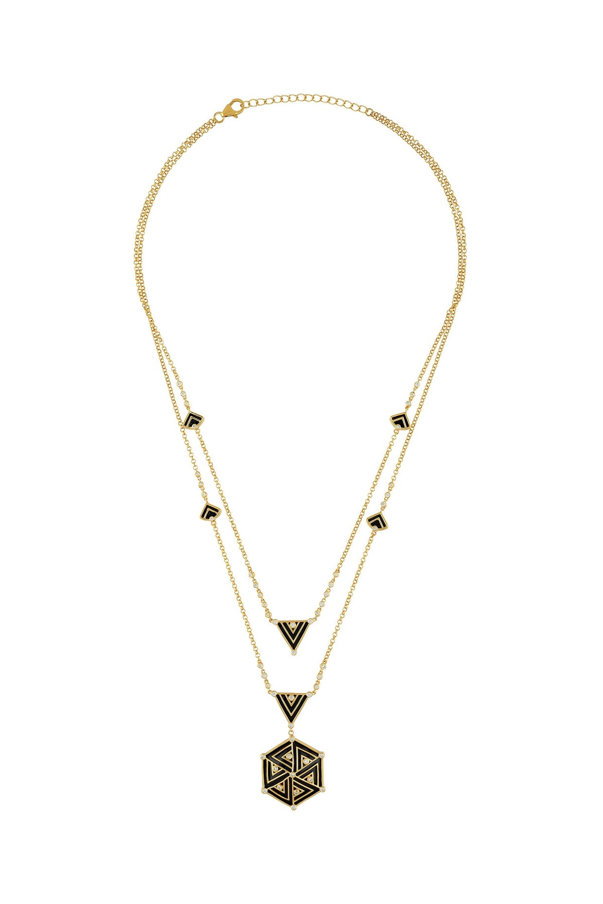 Gold Finish Zircon & Enameled Layered Necklace In Sterling Silver