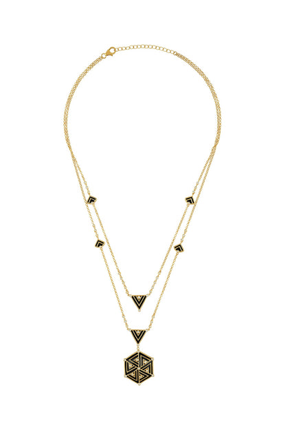 Gold Finish Zircon & Enameled Layered Necklace In Sterling Silver