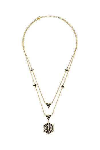 Gold Finish Zircon & Enameled Layered Necklace In Sterling Silver