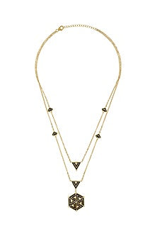 Gold Finish Zircon & Enameled Layered Necklace In Sterling Silver