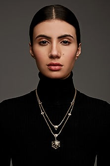 Gold Finish Zircon & Enameled Layered Necklace In Sterling Silver