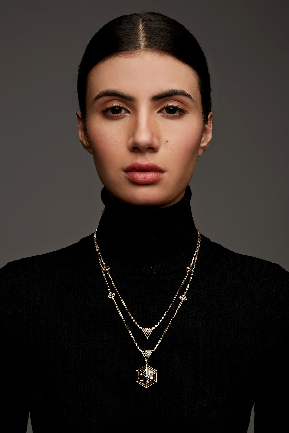 Gold Finish Zircon & Enameled Layered Necklace In Sterling Silver