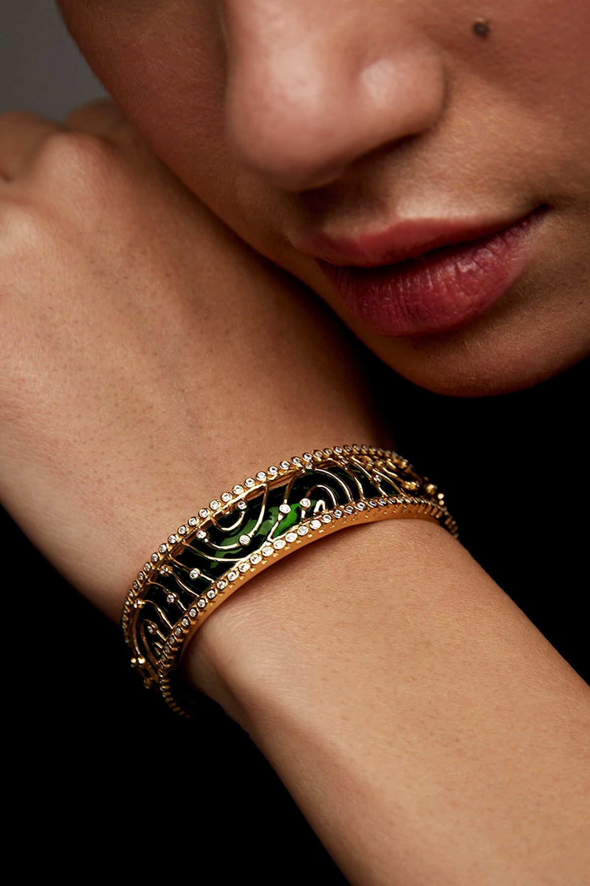 Gold Finish Zircon Cuff Bracelet In Sterling Silver