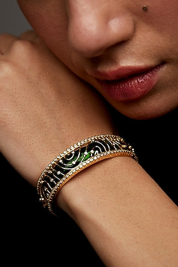 Gold Finish Zircon Cuff Bracelet In Sterling Silver