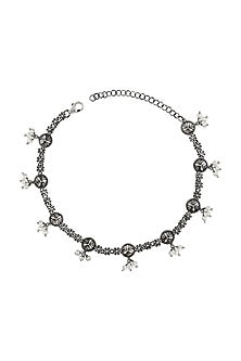 Silver Finish Oxidised Pearl Anklet In Sterling Silver