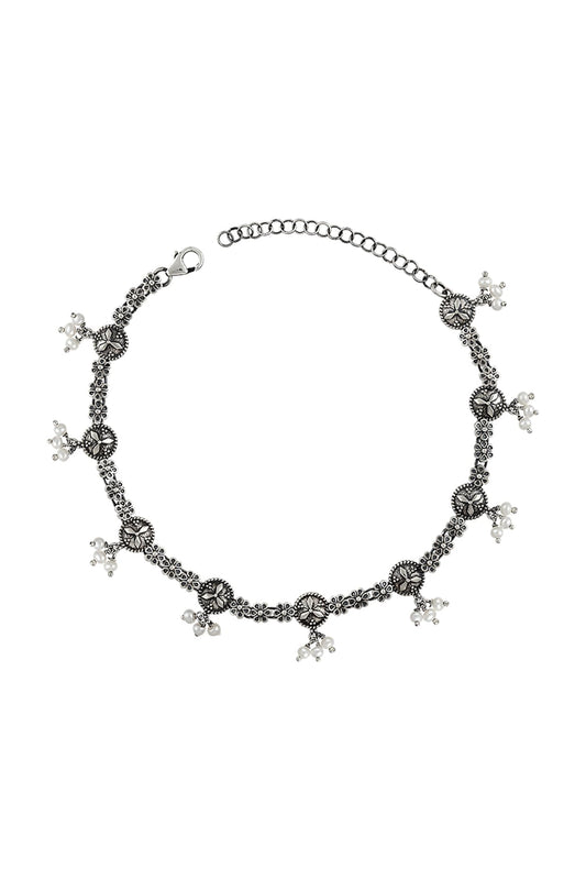 Silver Finish Oxidised Pearl Anklet In Sterling Silver