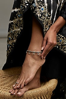 Silver Finish Oxidised Pearl Anklet In Sterling Silver