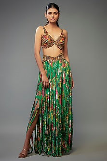 Green Crepe Hand Embroidered Fringed Lehenga Set