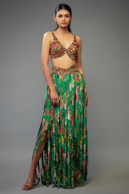 Green Crepe Hand Embroidered Fringed Lehenga Set