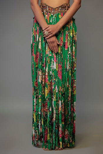 Green Crepe Hand Embroidered Fringed Lehenga Set