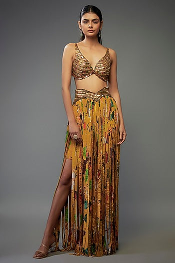 Yellow Crepe Hand Embroidered Fringed Lehenga Set