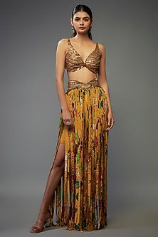Yellow Crepe Hand Embroidered Fringed Lehenga Set