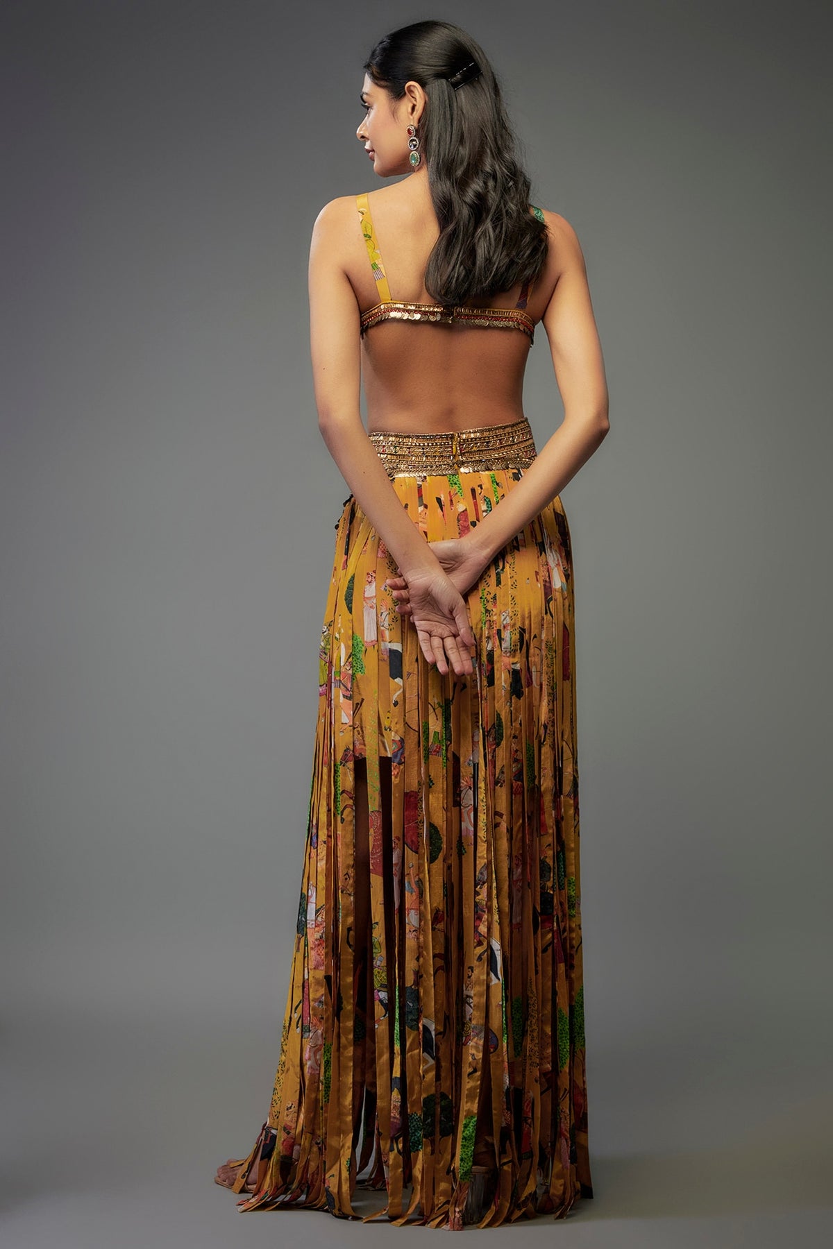Yellow Crepe Hand Embroidered Fringed Lehenga Set
