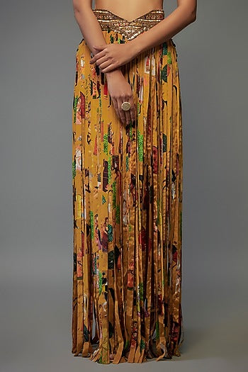 Yellow Crepe Hand Embroidered Fringed Lehenga Set