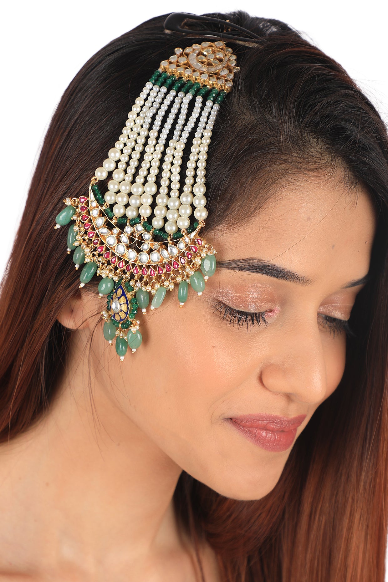 Gold Plated Sea Green Jadtar Stone & Pearl Meenakari Pasa