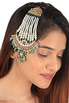Gold Plated Sea Green Jadtar Stone & Pearl Meenakari Pasa