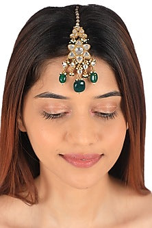Gold Plated Green Jadtar Beaded Maang Tikka