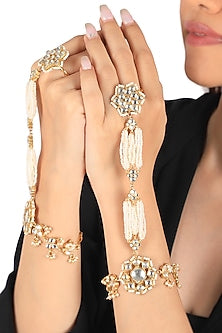 Gold Plated Pearl Floral Hathphool (Set of 2)