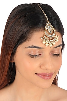 Gold Plated Pearl & Jadtar Stone Maang Tikka