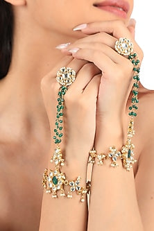 Gold Plated Green & White Stone Hathphool (Set of 2)