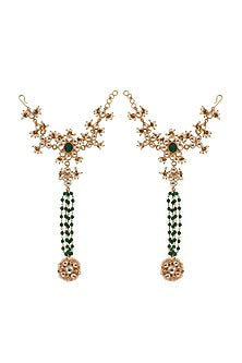 Gold Plated Green & White Stone Hathphool (Set of 2)