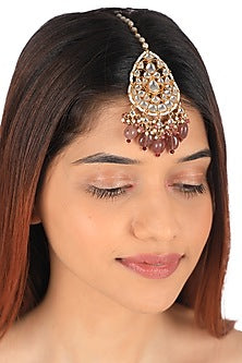 Gold Plated Pastel Pink Beaded Maang Tikka