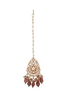Gold Plated Pastel Pink Beaded Maang Tikka