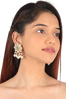 Gold Plated Pearl & Sea Green Beaded Dangler Earrings