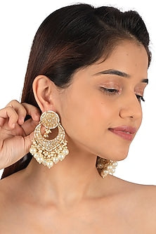 Gold Plated Jadtar Stone & White Pearl Stud Earrings
