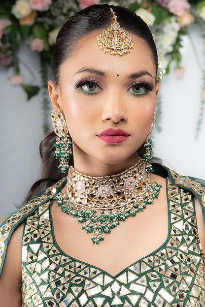 Gold Plated Green Beaded & Pearl Meenakari Necklace Set