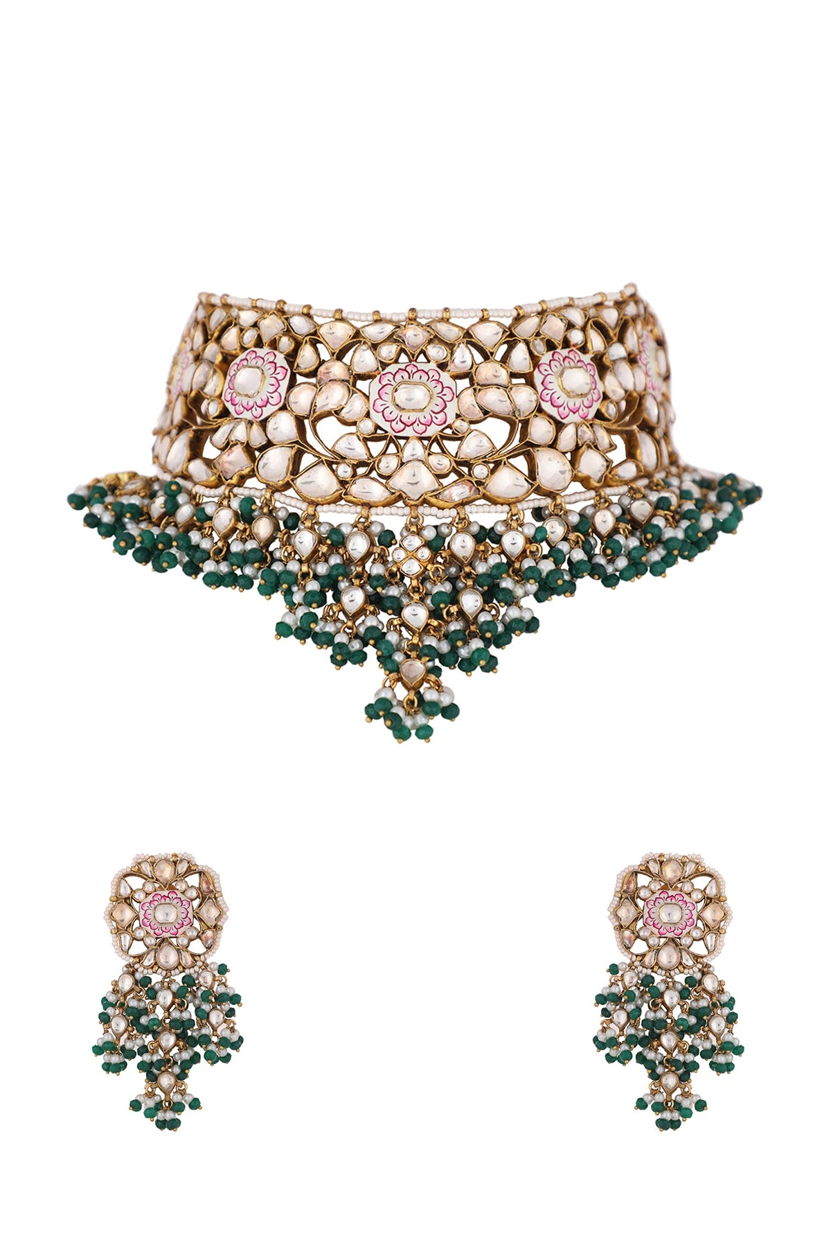 Gold Plated Green Beaded & Pearl Meenakari Necklace Set
